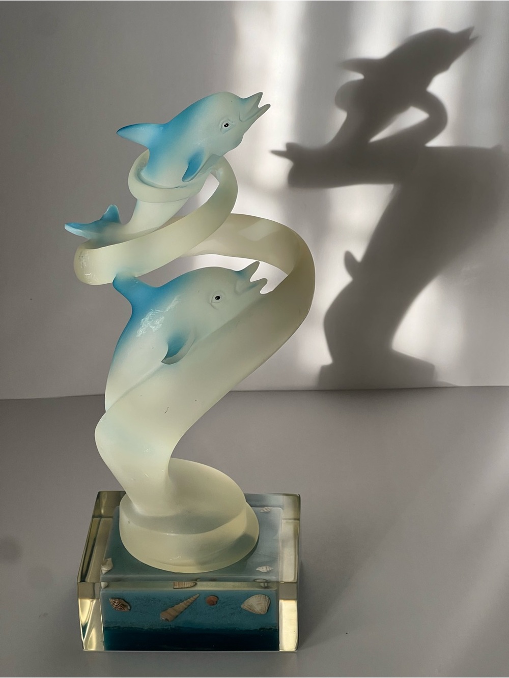 Blue and White Dolphin Sculptural Lucite Art -1 ft tall on clear acrylic base